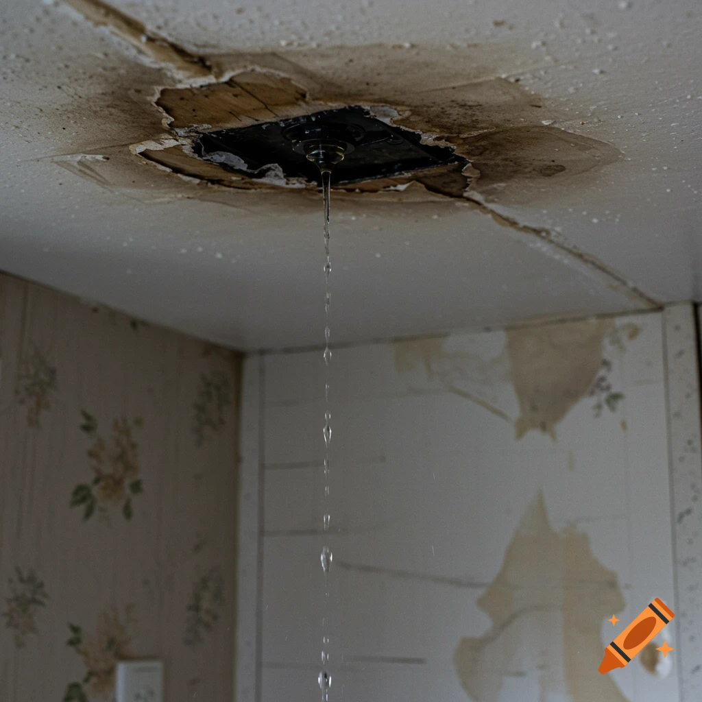 Water dripping from a damaged ceiling with peeling drywall.