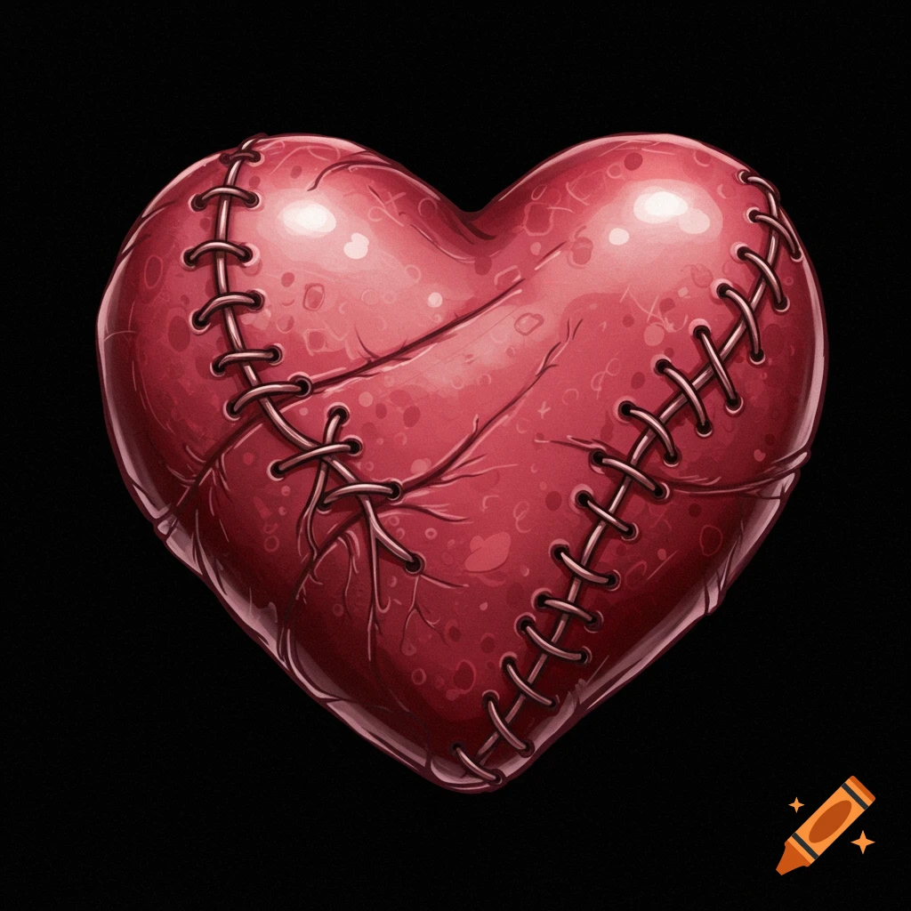 A red heart stitched together