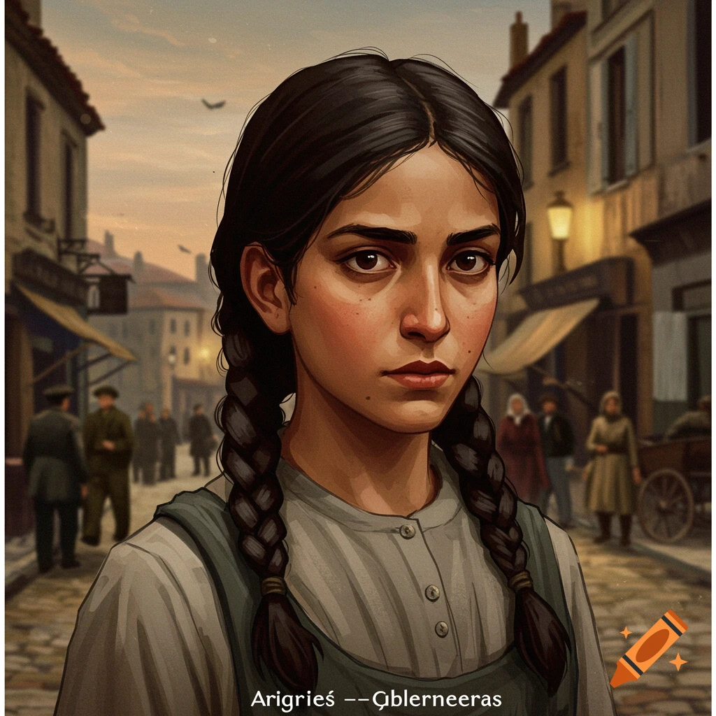 A young girl with braids is depicted in a street setting.