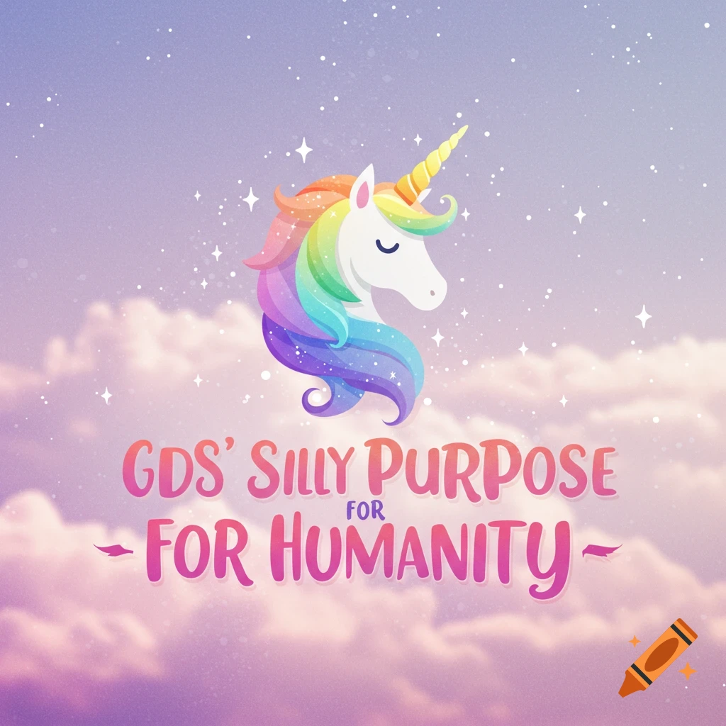 A cartoon unicorn with rainbow hair floats in a starry sky above the text 'GDS' SILLY PURPOSE FOR HUMANITY'.