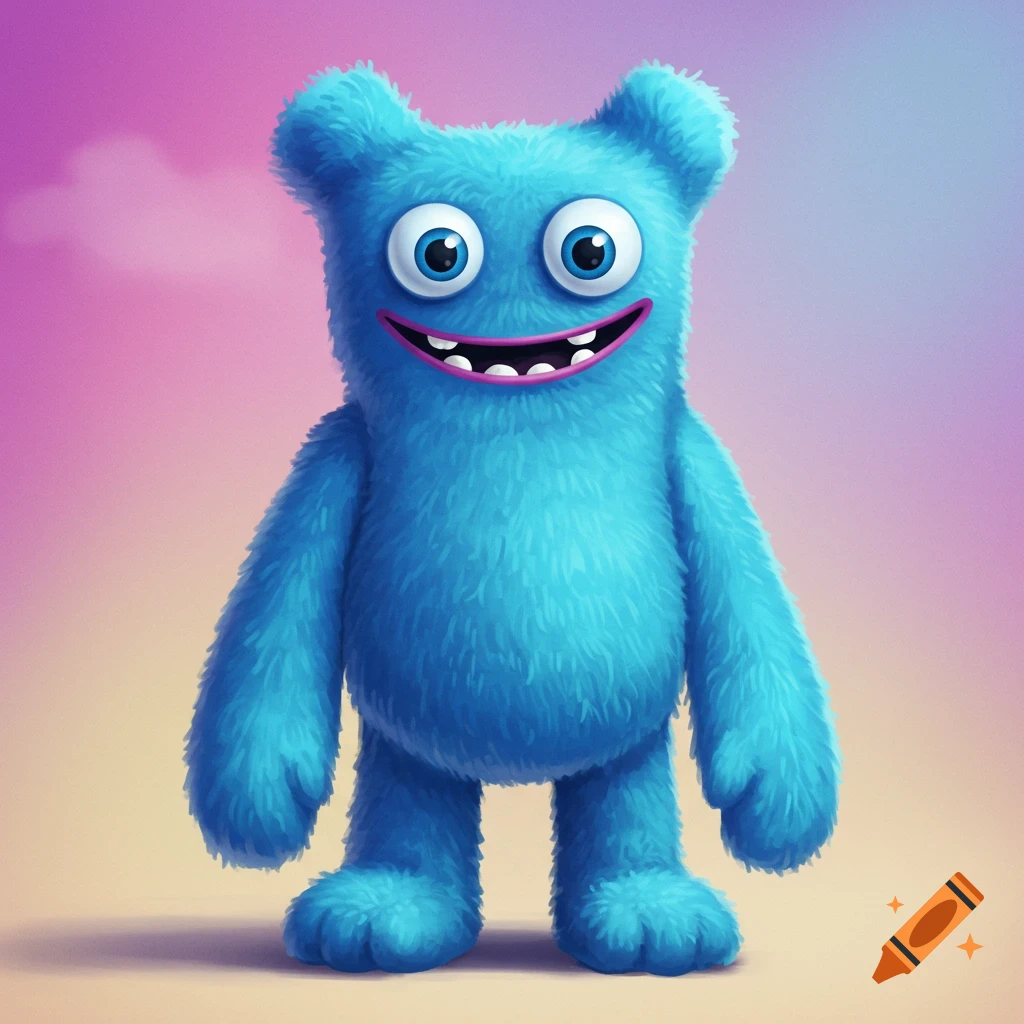A blue furry monster with large eyes and a wide smile