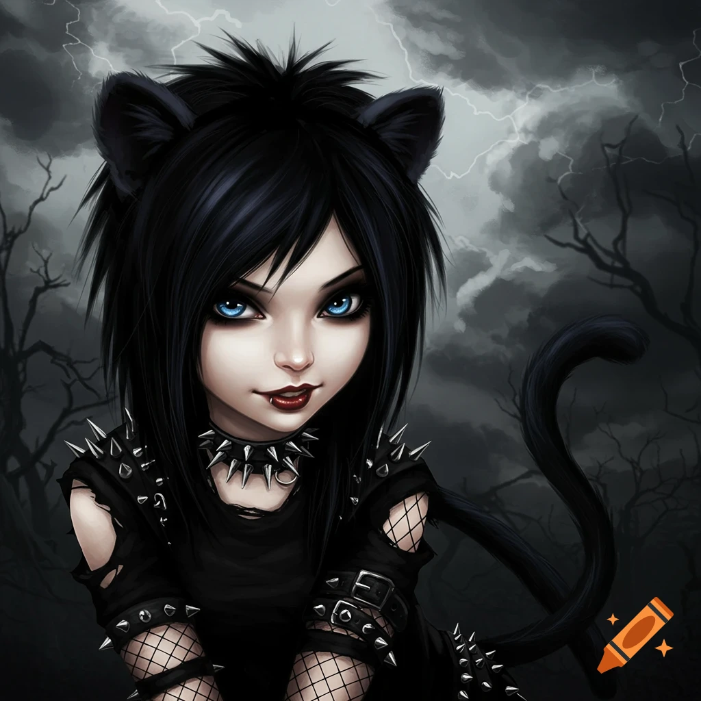 Gothic girl with black cat ears and tail against a stormy background.