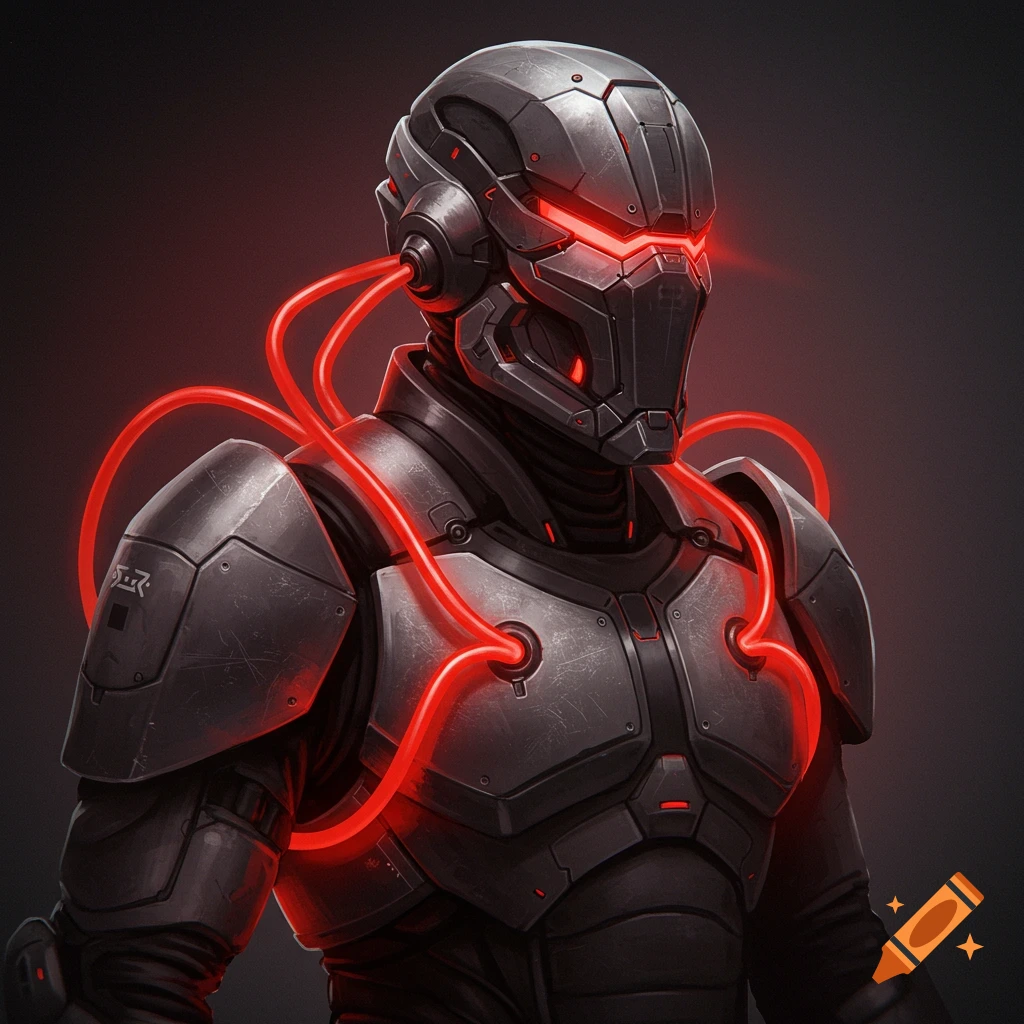 Futuristic armor with glowing red accents.