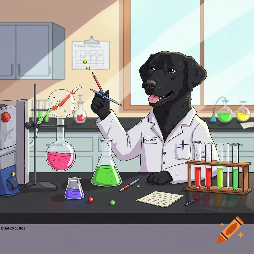 A black labrador in a lab coat works in a science lab, cartoon style.