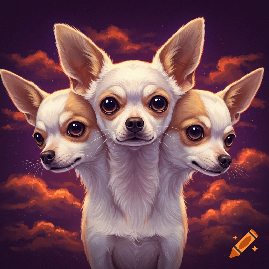 A three-headed chihuahua against a purple sky with orange clouds.