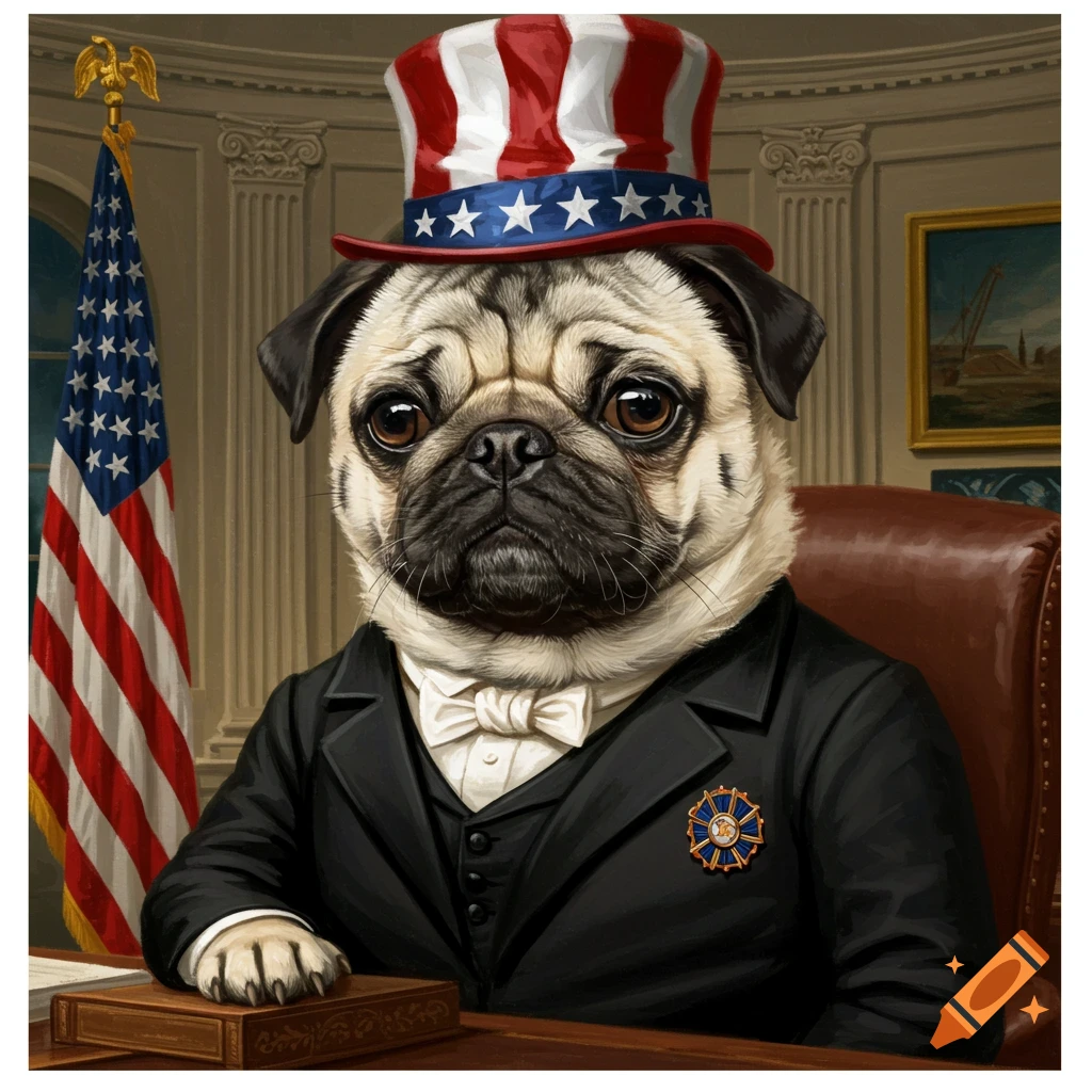 A pug dog dressed in a suit and Uncle Sam hat sitting at a desk with an American flag.