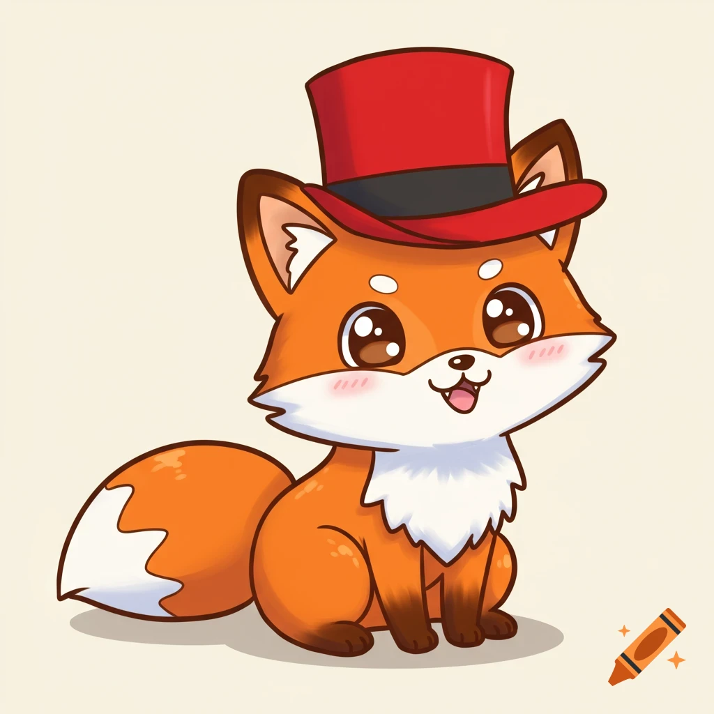 A cute cartoon fox sits wearing a red top hat.