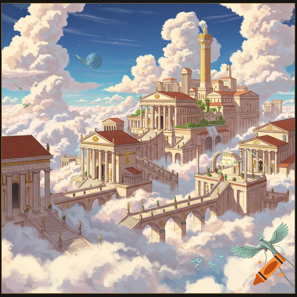 Roman-style city floating in the clouds.