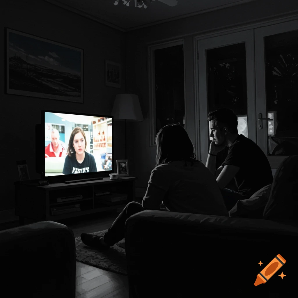 A couple watches TV in a dark room, illuminated by the screen's glow.