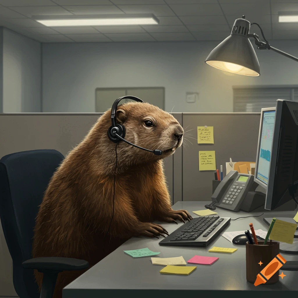 A realistic woodchuck wearing a headset sits at a desk with a keyboard, monitor, and phone in a corporate office cubicle.