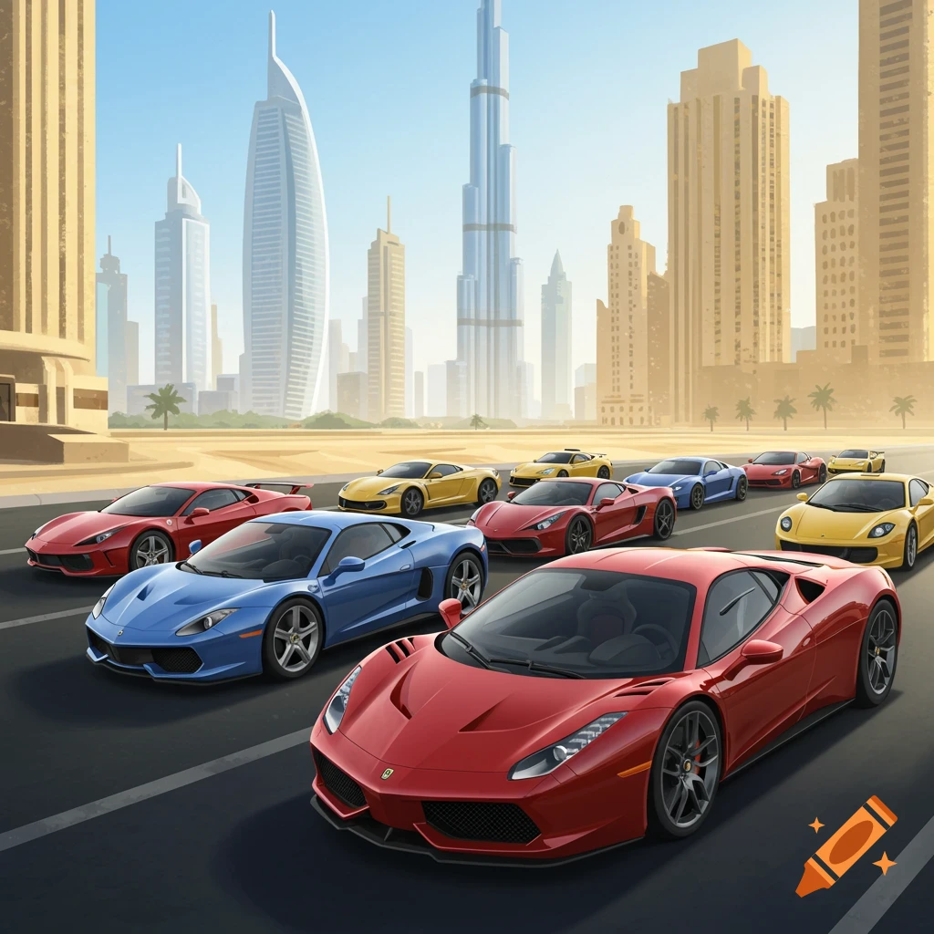 Supercars driving through the city of Dubai.