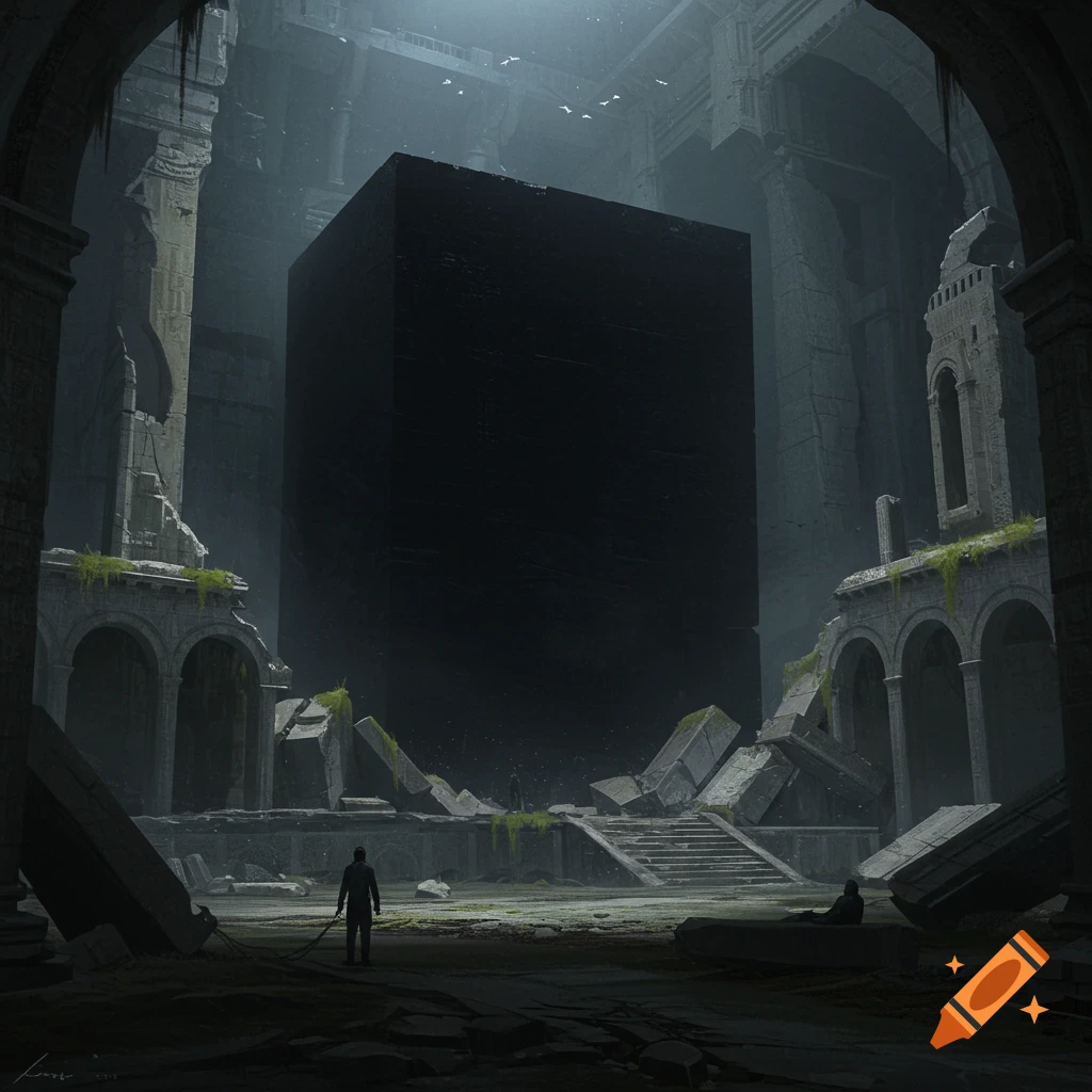 A large black cube stands amidst dark ancient ruins, with two figures present.