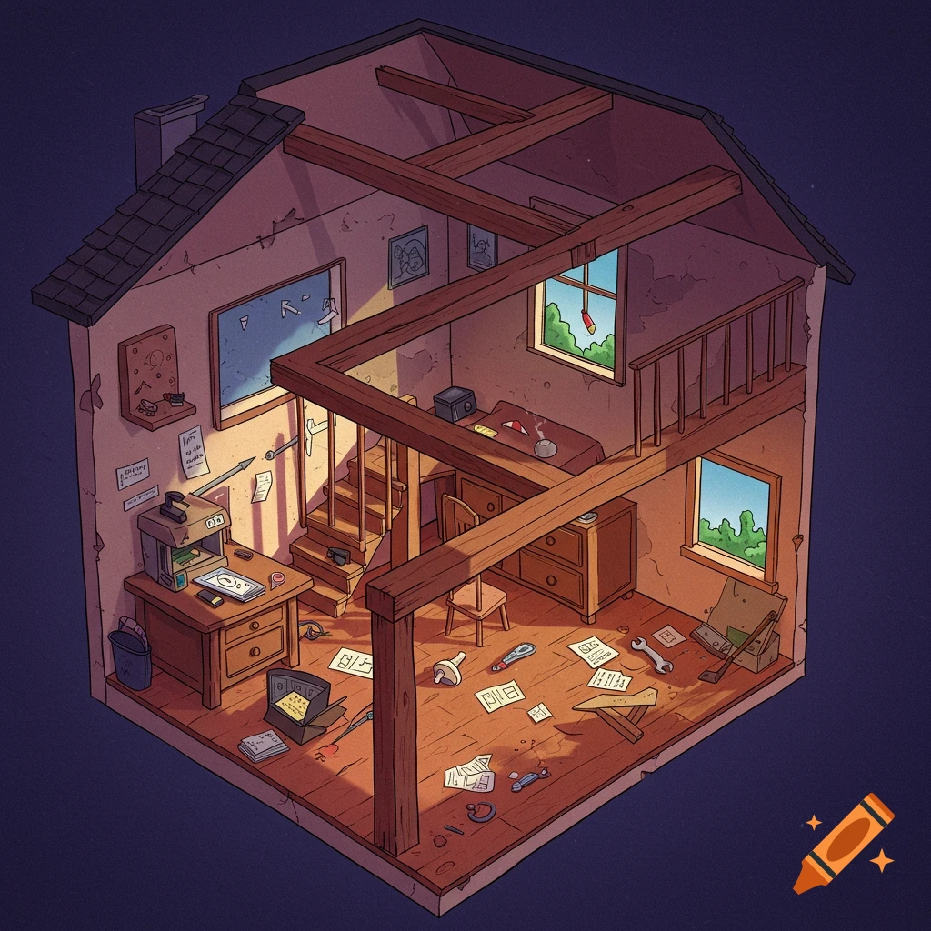 Isometric view of a messy room inside a house with scattered tools and papers.
