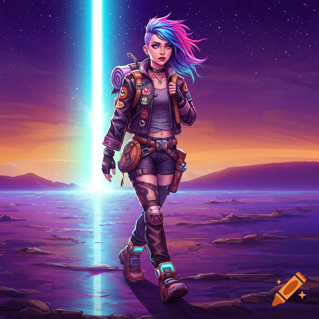 A woman explorer walks across a purple alien landscape towards a bright beam of light.