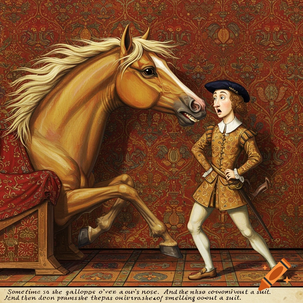Illustration of a horse sitting on a chair looking at a person in historical clothing.