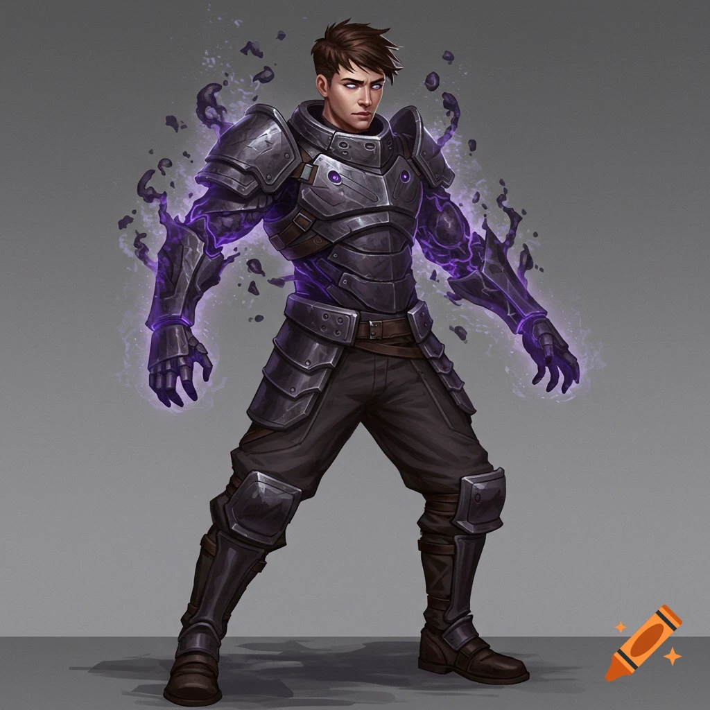 A young man in dark metal armor with purple energy effects emanating from his arms and shoulders.