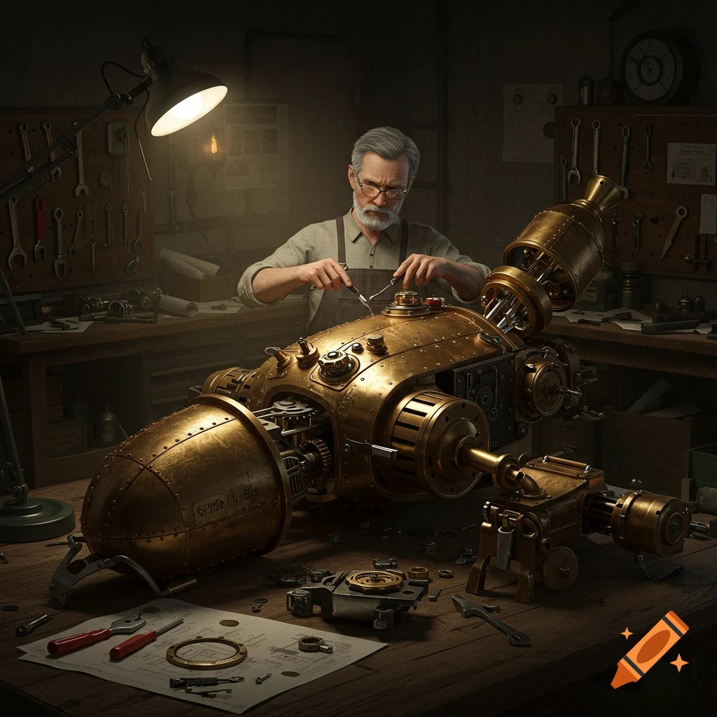 An old man works on a large, detailed golden steampunk machine in a dimly lit workshop.