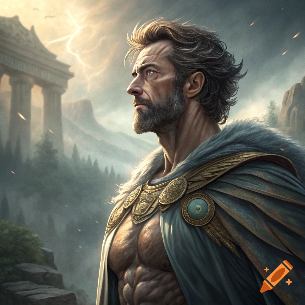 Portrait of a muscular man in ancient attire with ruins and lightning