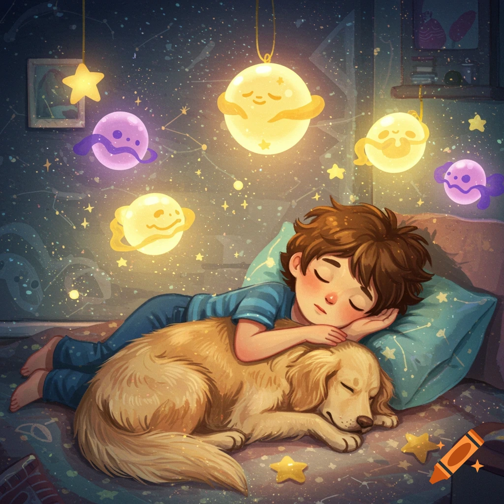 Whimsical illustration of boy sleeping with golden retriever in magical room with glowing stars and planets.