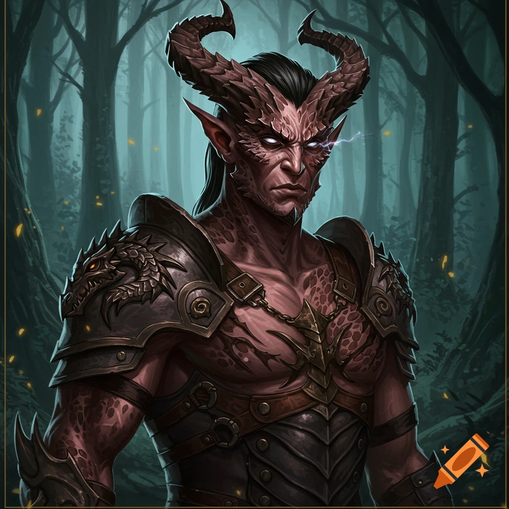 A fantasy character with dragonborn/tiefling features and armor stands in a dark forest.