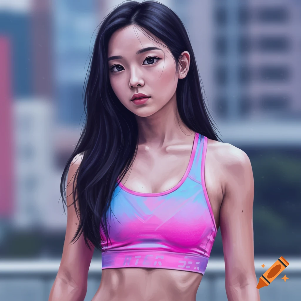A young woman in a pink and blue sports bra outdoors.