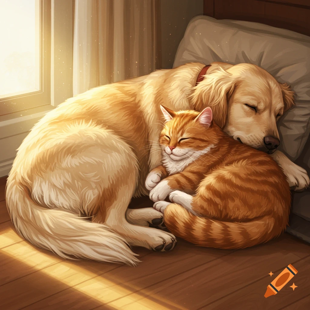A golden retriever and an orange tabby cat curled up sleeping together in a sunlit room.