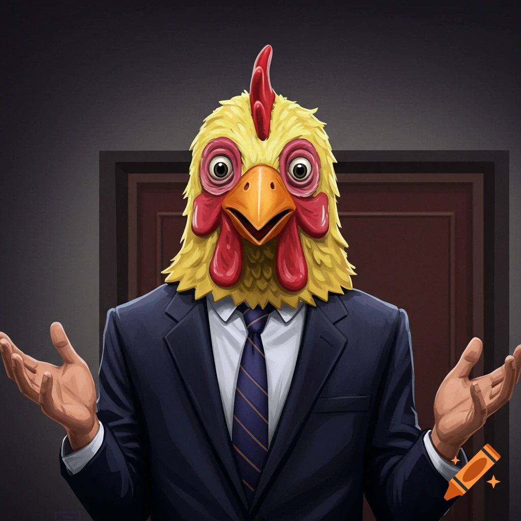 A person in a suit and chicken mask with hands raised, shrugging.