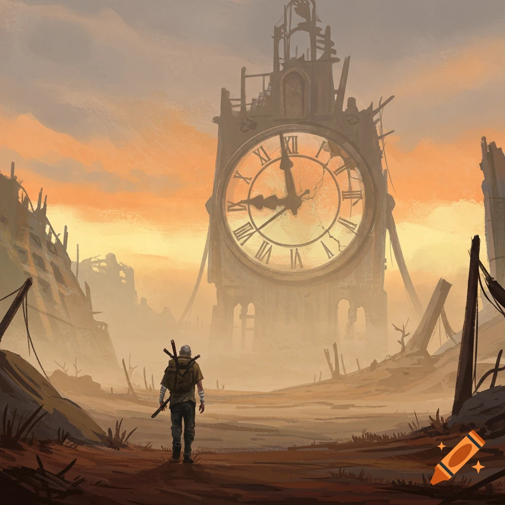 A lone figure walks towards a giant ruined clock tower in a desolate, post-apocalyptic landscape, painted in watercolour style.