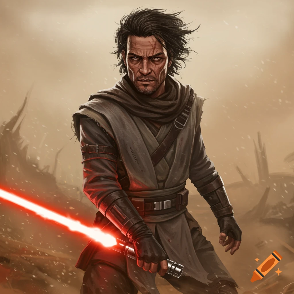 A scowling man in robes wields a red lightsaber in a desert landscape.