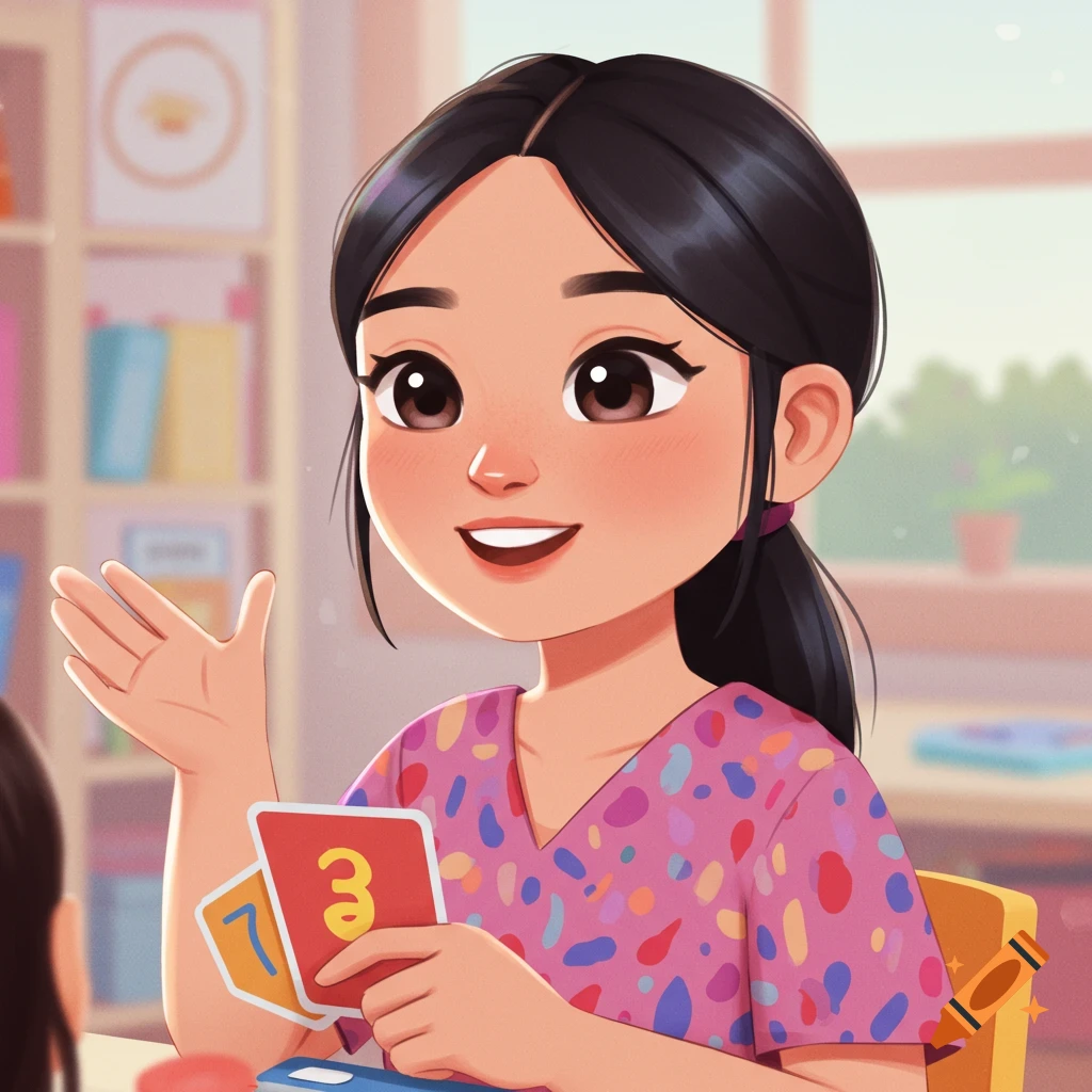 Smiling cartoon girl holding playing cards in a classroom