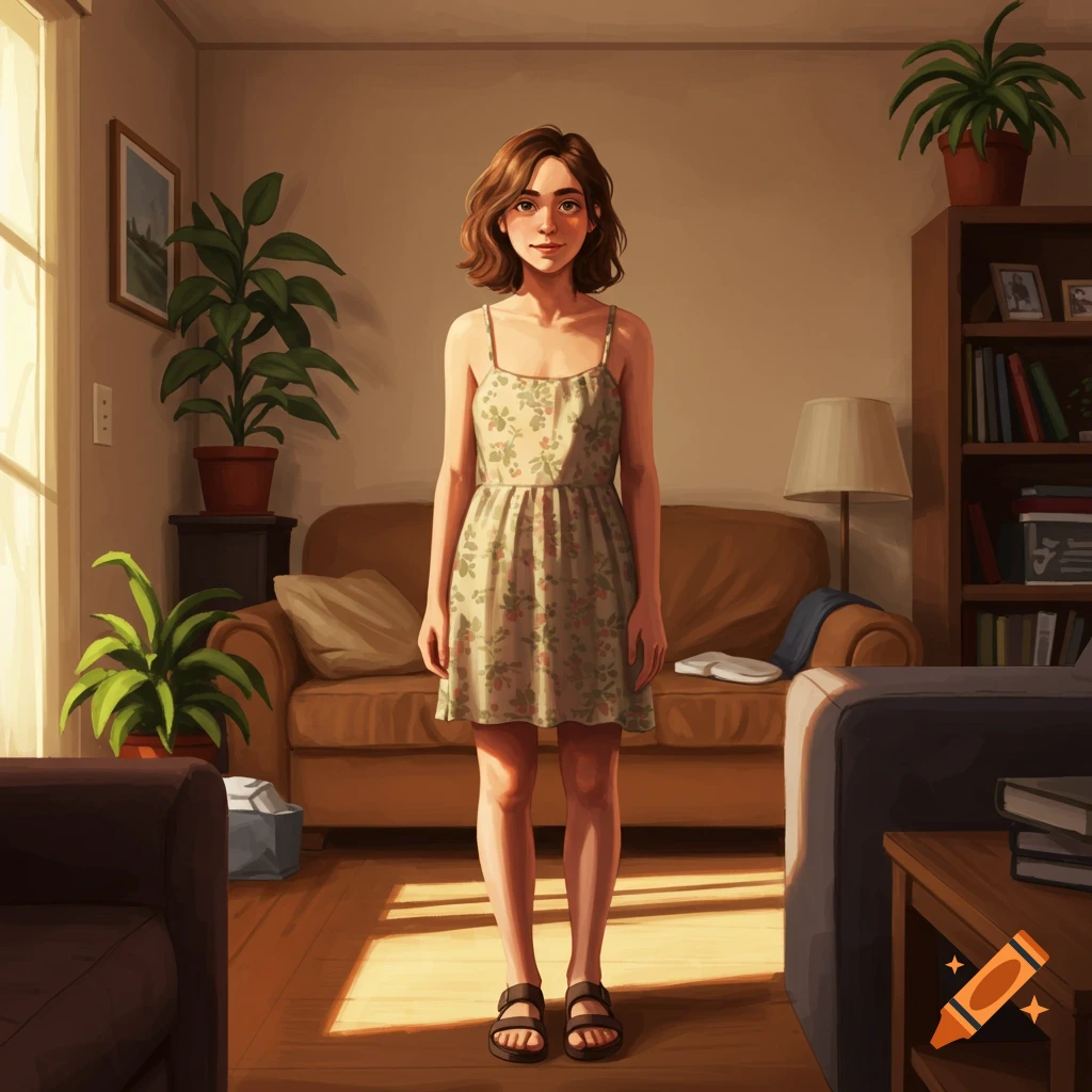A young woman in a floral dress stands in a sunlit living room.