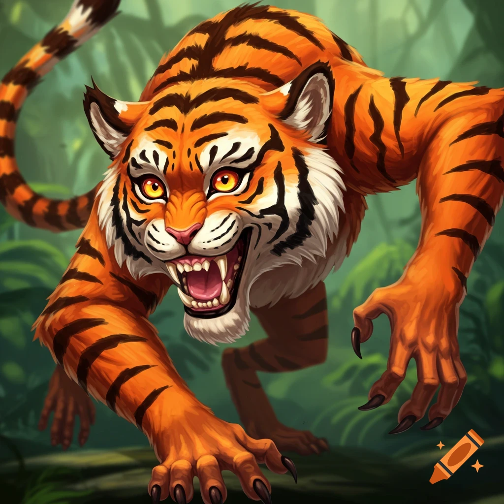 A ferocious tiger with monkey-like arms and hands crouches in a jungle