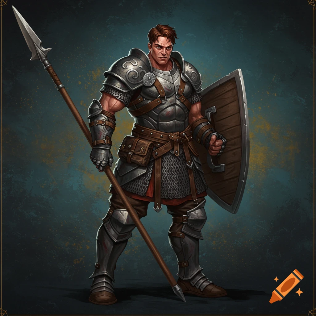 A strong man in fantasy armor holds a spear and shield.