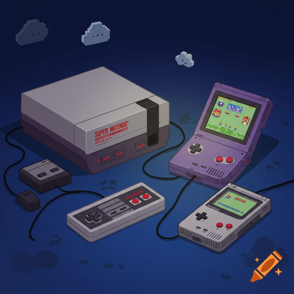 Pixel art illustration of retro Nintendo consoles: Super Nintendo, NES controller, Game Boy, and Game Boy Color.