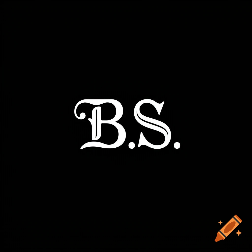 White letters B.S. in a fancy font on a black background