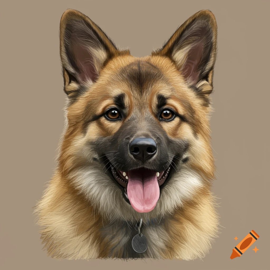 A portrait of a brown and black dog with its mouth open.