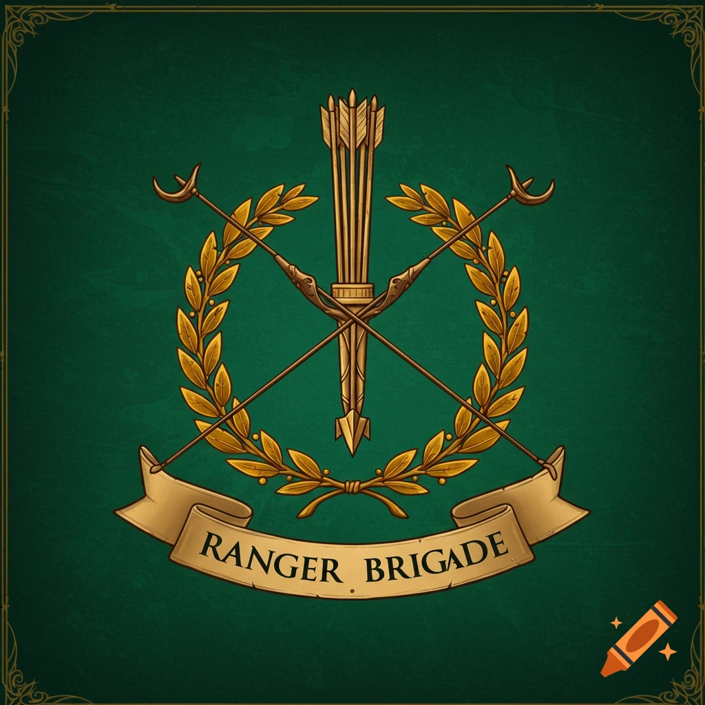 A fantasy military crest with a bow, arrow, and laurel wreath on a green background. Text reads 'Ranger Brigade'.