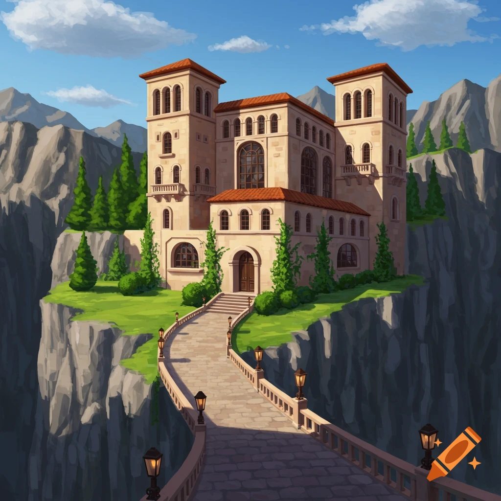 a large Italianate manor built into a mountain cliffside, with a long winding driveway leading to the entrance.