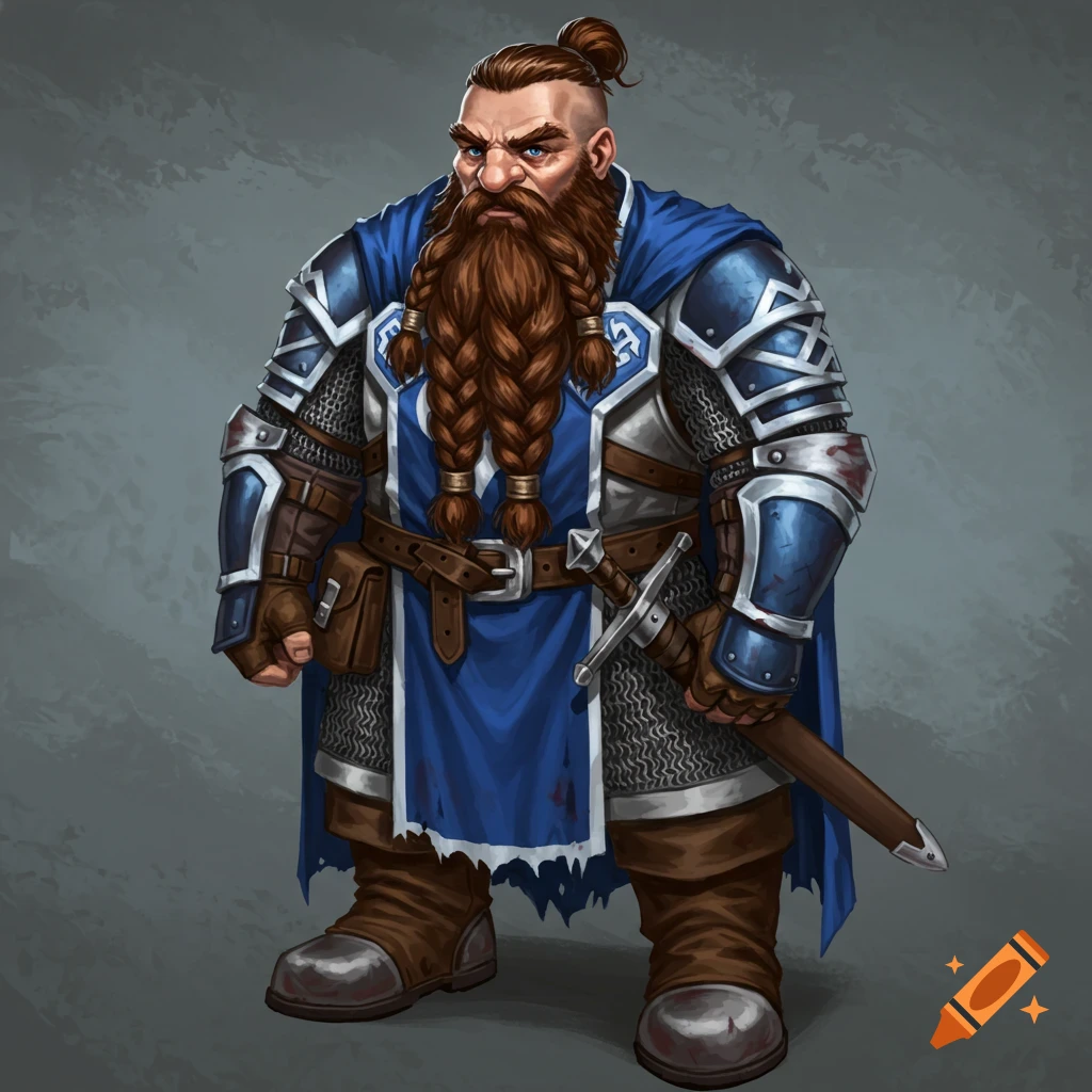 A fantasy dwarf warrior in armor and a blue tabard, with braided beard and sword.