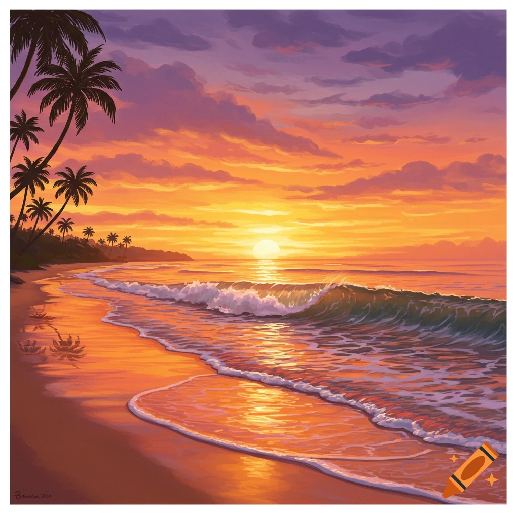 A beach at sunset with palm trees and waves.