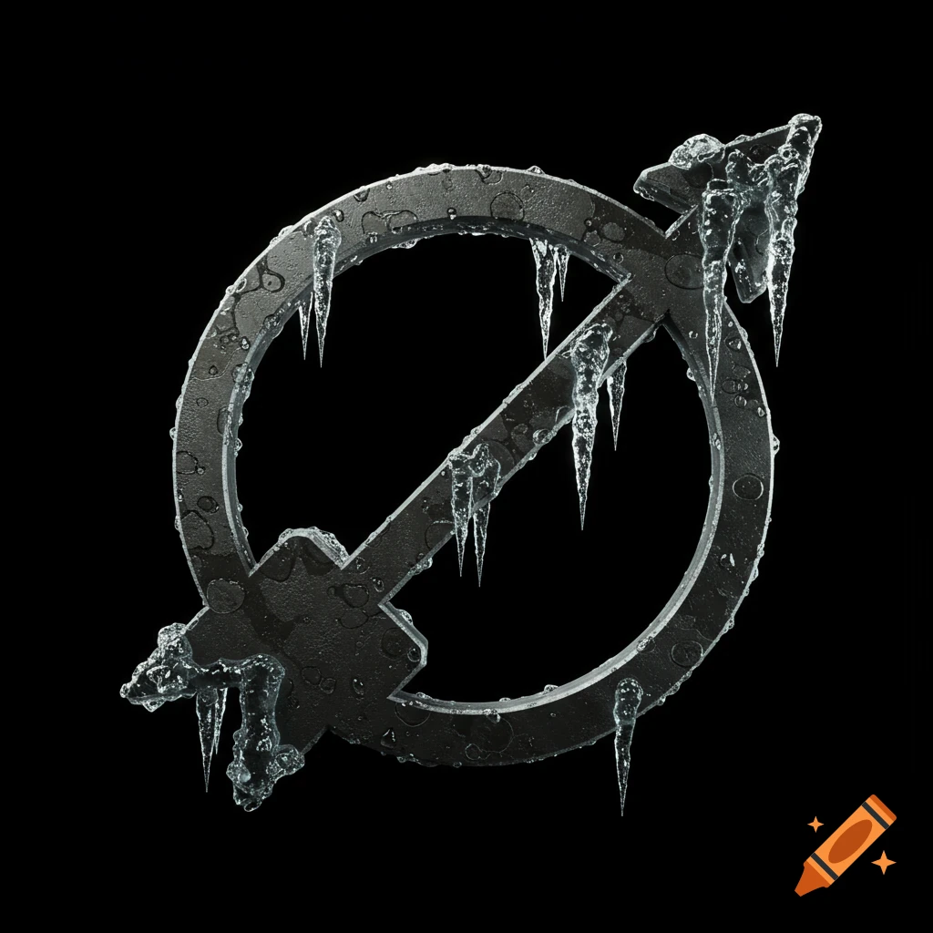 A metallic Mars symbol is covered in ice and icicles against a black background.