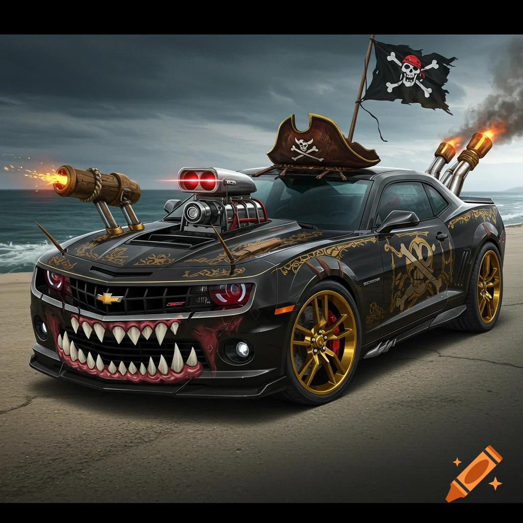 Black Chevy Camaro customized with pirate themes, canons, pirate hat, and skull flag on a beach.