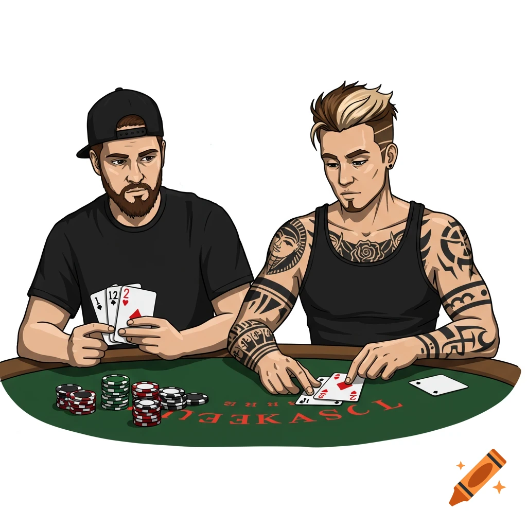 Cartoon illustration of two men playing blackjack at a table with chips and cards.