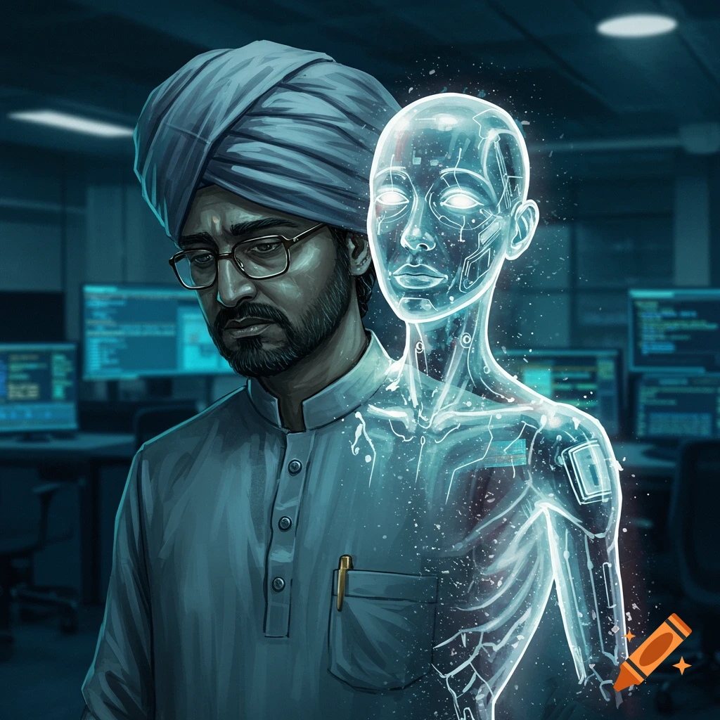 A man with a turban and glasses stands in an office with monitors, next to a glowing, transparent figure showing internal structure.