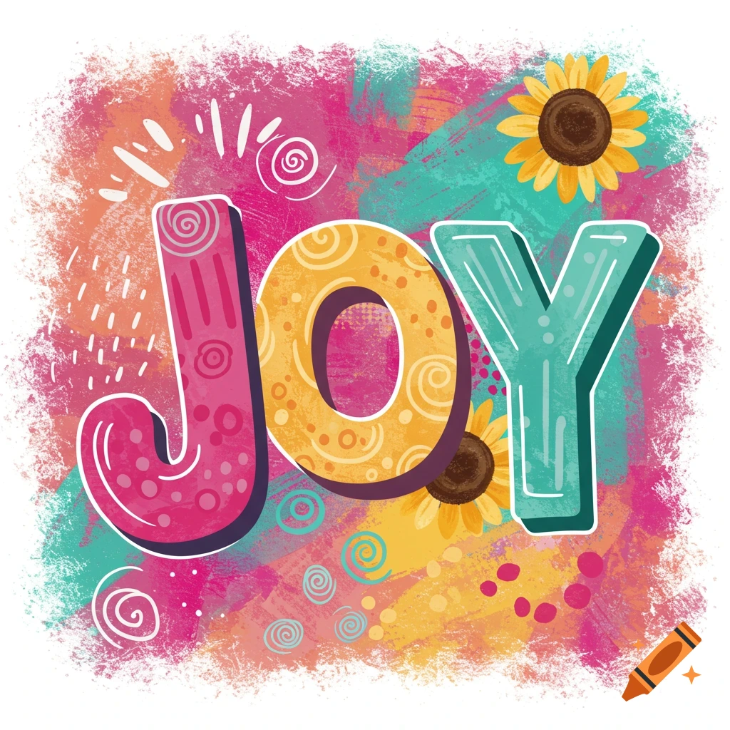 The word Joy in colorful decorative letters on an abstract background with sunflowers.