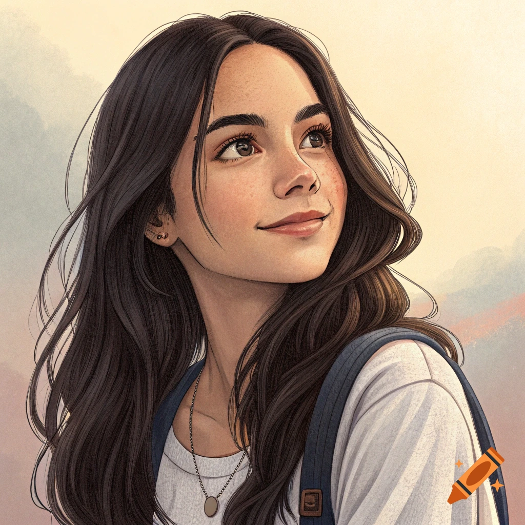 Illustration of a young woman with long dark hair and a backpack, looking up and smiling.
