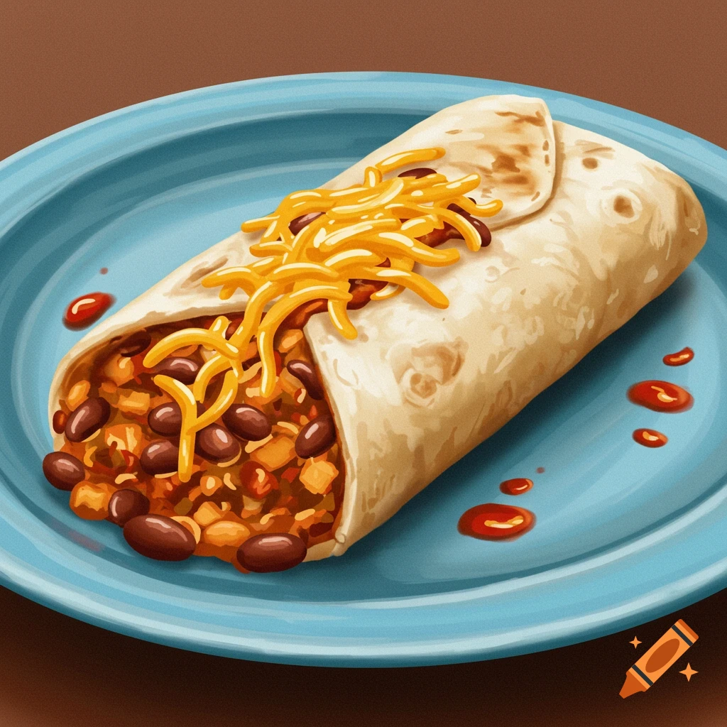 A bean burrito topped with cheese and sauce on a blue plate.