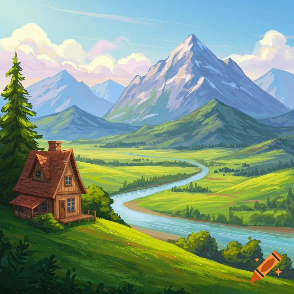 A cozy house on a hill overlooking a river valley and mountains.
