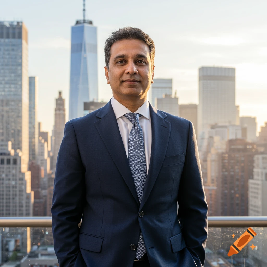 A man in a suit stands on a rooftop overlooking a city skyline with skyscrapers.