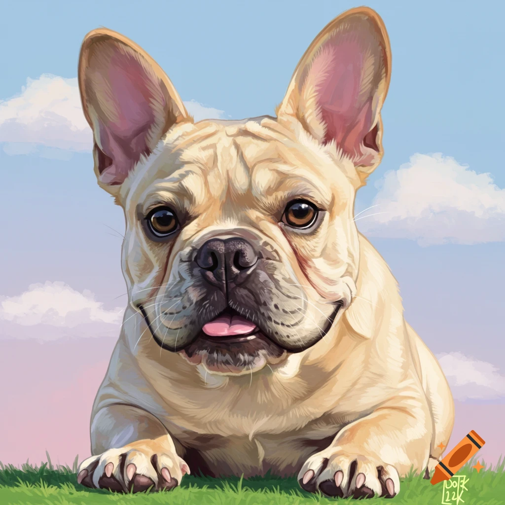 A fawn French bulldog lies in the grass with a sky background.